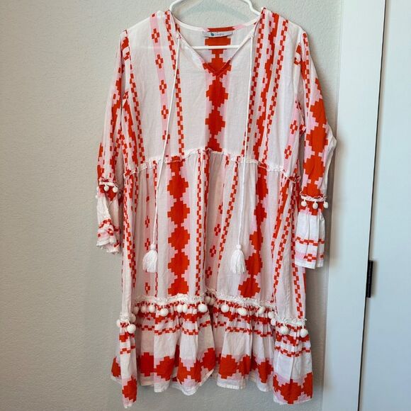 Bindu White Pink Red Boho Aztec Print 100% Cotton Mini Dress - Size L - EUC - Picture 2 of 9